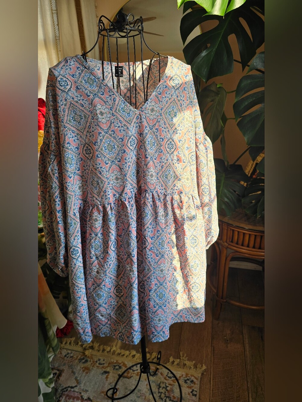 H&M Pink and Blue Paisley V-Neck Babydoll Tunic